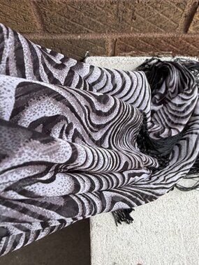 Vintage 80s Long Zebra Animal Print Triangle Shawl Fringe Scarf Necktie Belt